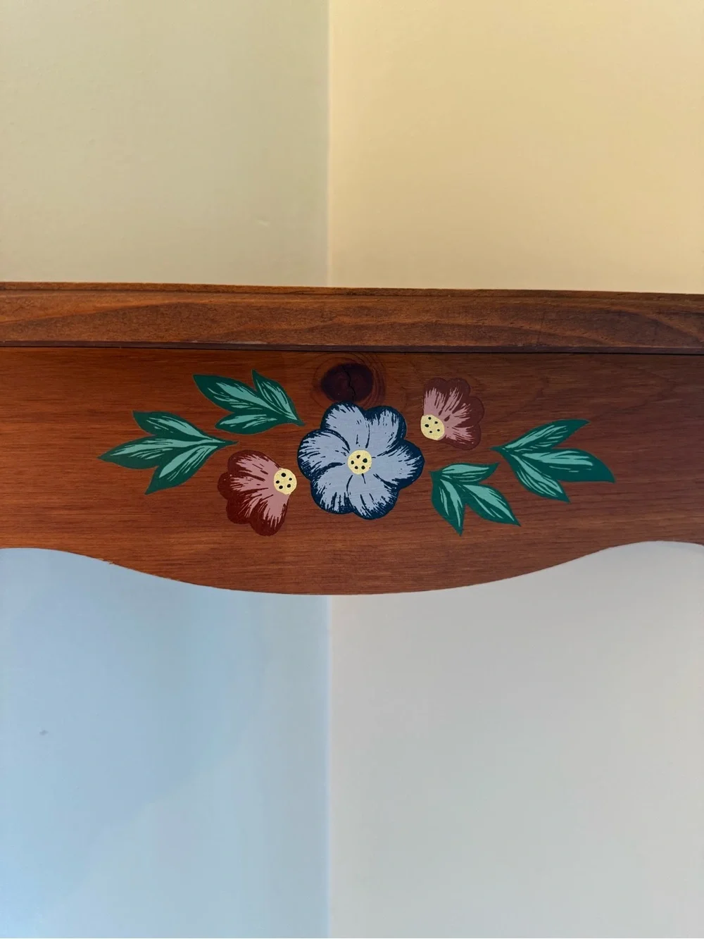 Vtg Wooden Corner Wall Shelf With Floral Design Flowers Wood Country Cottage